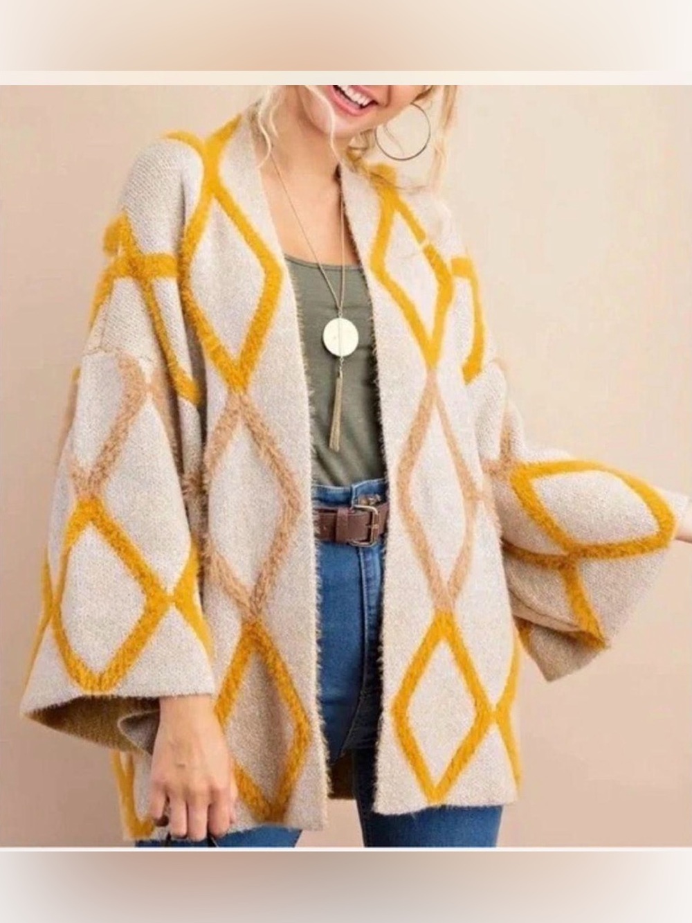 Anthropologie Akemi + Kin Cardigan Fuzzy Argyle Open Front Boho Sweater One Size